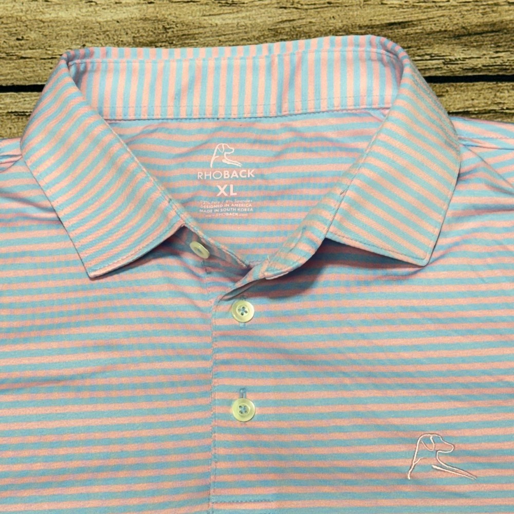 Rhoback Polo Shirt Men XL Blue Pink Striped Performance Golf Short Sleeve Shirt